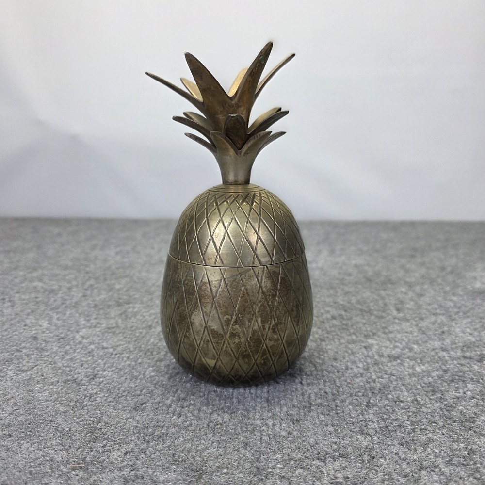 Vintage MCM Brass Pineapple Lidded Trinket Box Candle Holder 8"